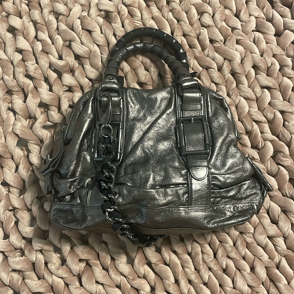 Kenneth Cole Leather Hobo Handbag in Metallic Silver